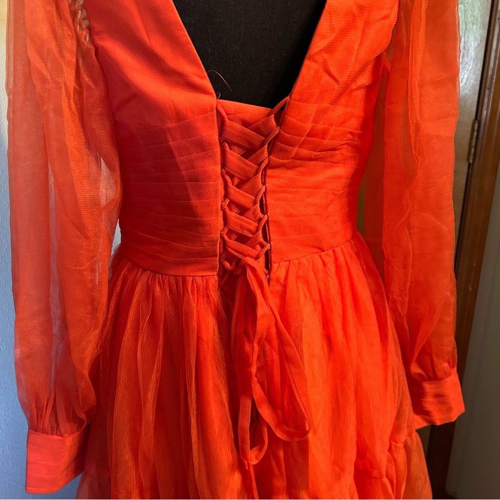 NWOT burnt orange tulle puffy sleeve long prom dress size 10 bridesmaid formal - Picture 5 of 8